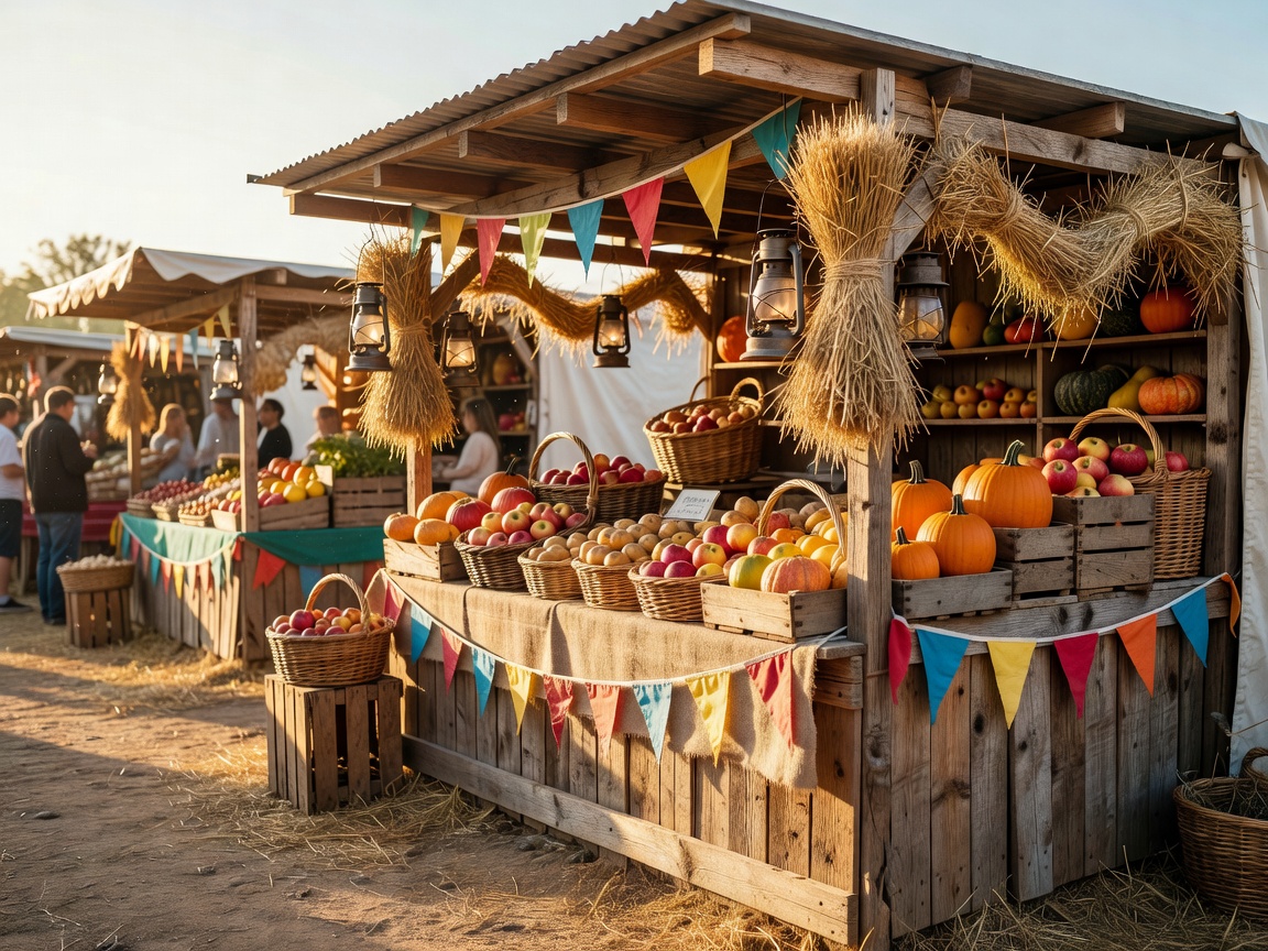 Bright festival market stand with rustic farm decorations