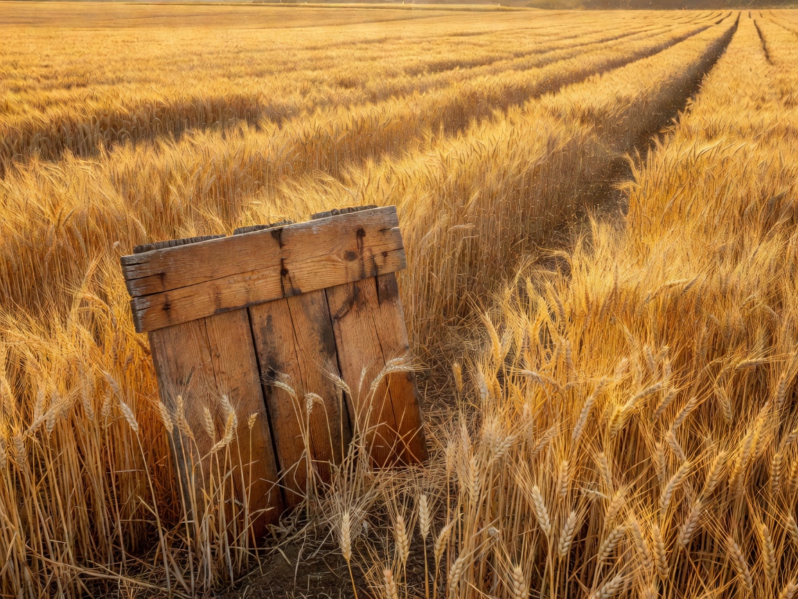 Rustic wooden farm sign surrounded by golden wheat
