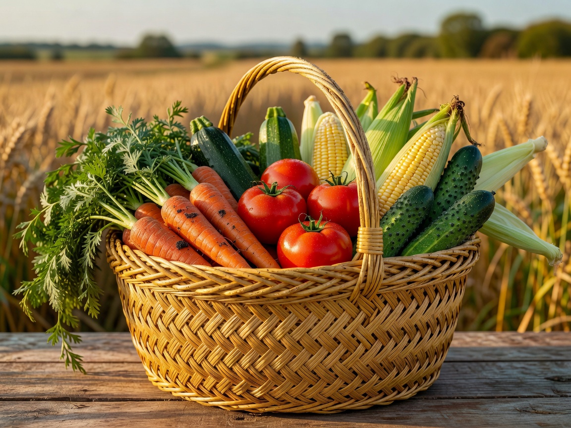 Woven golden harvest basket filled with fresh farm vegetables